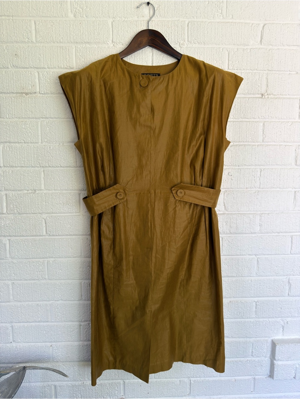Ports 1961 Olive-Mustard Sleeveless Midi Shift Dress with Waist Tabs